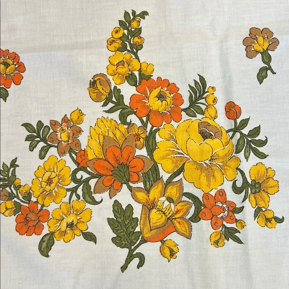 Vintage floral 52”X 48” squareish tablecloth yellow & oranges cotton Handmade